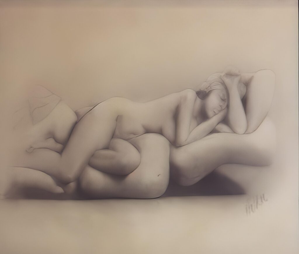 Sleeping figure on pillows drawing by Adelaide artist Avril Thomas at Magpie Springs – tasteful reclining nude life study in soft pencil shading, peaceful artistic nude print available as framed art or poster for sale